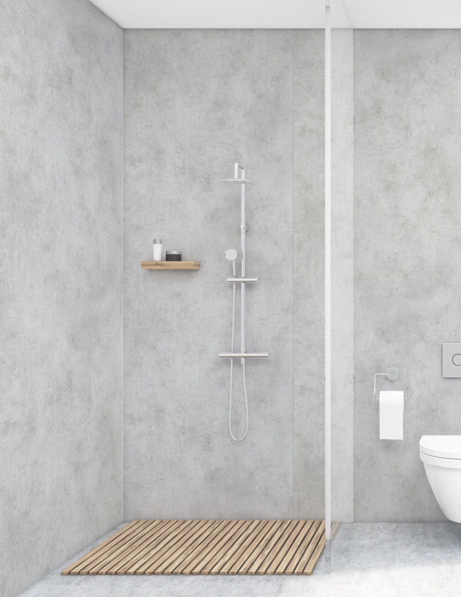 Bathroom with a shower Graue Duschrückwand in Betonoptik - Kreative Badezimmer Ideen für moderne Wandgestaltung mit dekorativen Wandpaneelen und Fliesenüberklebung