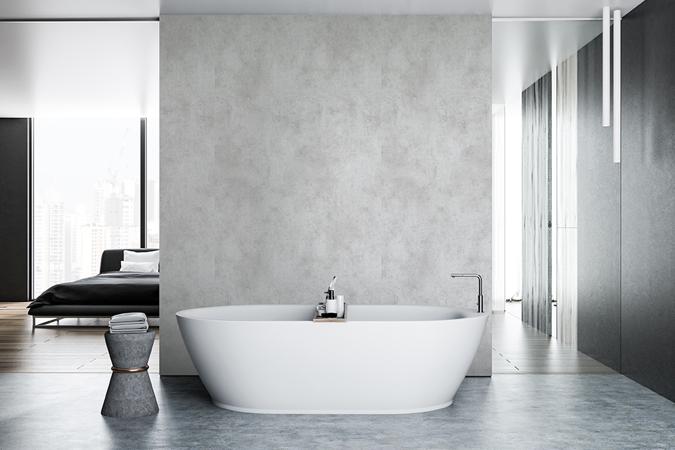 911-elanium-xxl-dekorplatte-mit-nut-feder-fliesenersatz-wandpaneele-fuer-bad-badezimmer-design-ideen-duschrueckwand-beton-charm-betonoptik-3 Graue Duschrückwand in Betonoptik - Kreative Badezimmer Ideen für moderne Wandgestaltung mit dekorativen Wandpaneelen und Fliesenüberklebung