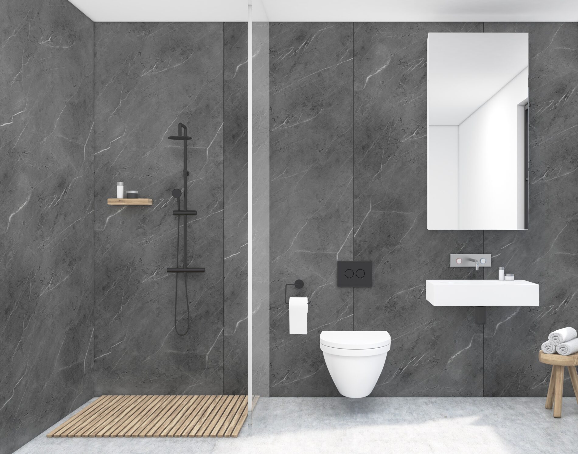 Graue Duschrückwand in Marmoroptik - Kreative Badezimmer Ideen für moderne Wandgestaltung mit dekorativen Wandpaneelen und Fliesenüberklebung