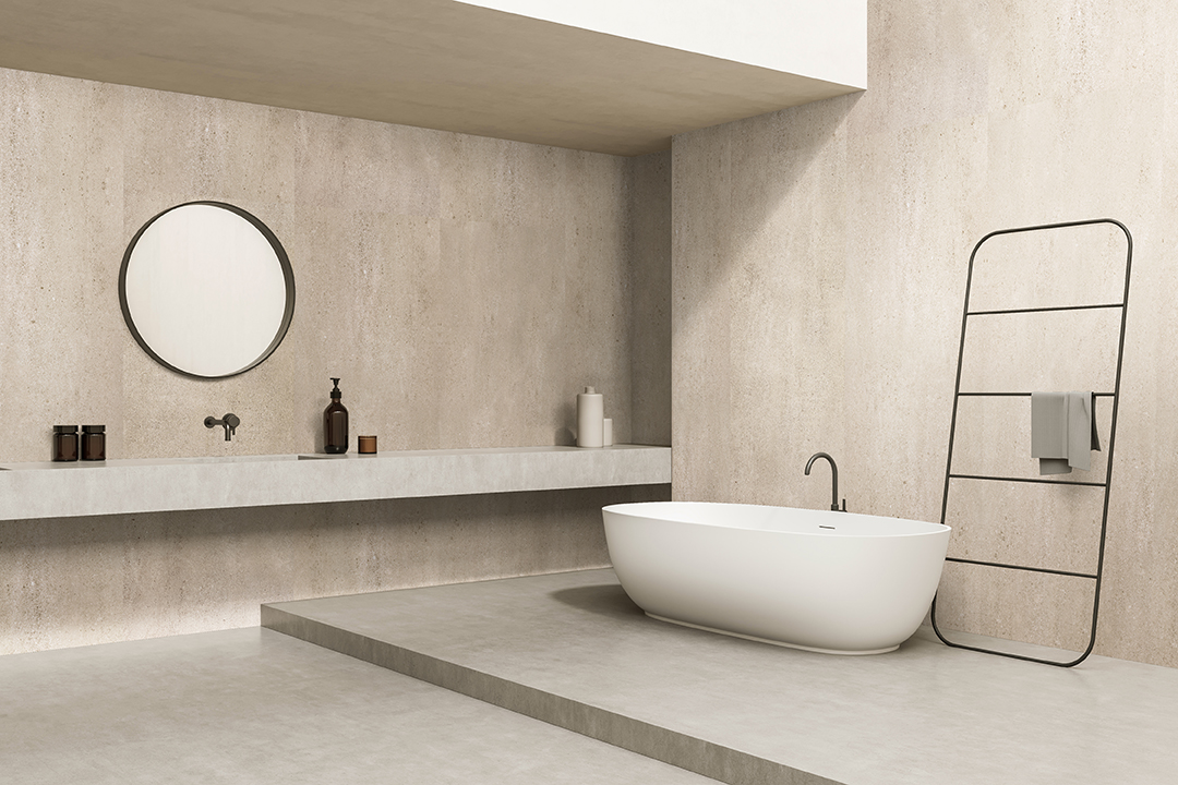 Beige Duschrückwand in Betonoptik - Kreative Badezimmer Ideen für moderne Wandgestaltung mit dekorativen Wandpaneelen und Fliesenüberklebung